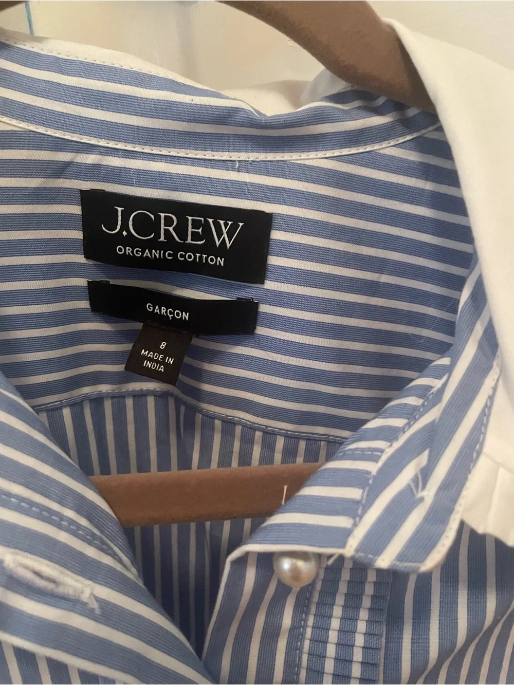 J. Crew cropped garçon Blue and White Pinstripe Shirt with pearl buttons